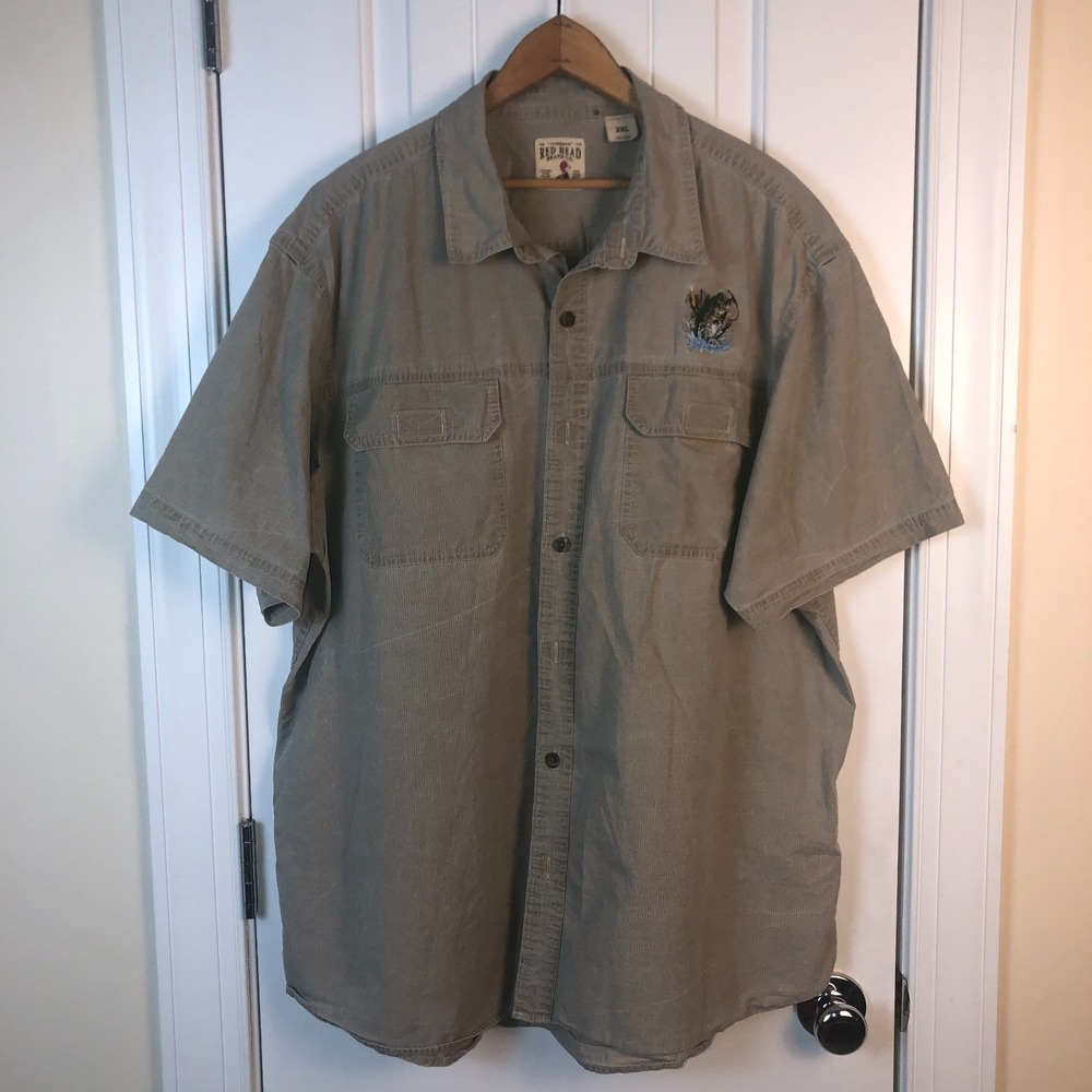 VTG Red Head‎ Mens Shirt 2XL SS Button Up Pockets Embroidered Bass Fish Gorpcore